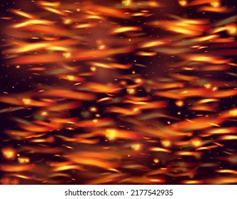 Blazing Flame Fiery Sparkles Background. Bright Night, Stars Glitter. Realistic Energy Glow. Isolated Fire, Orange Yellow Red Sparks, Smoke. Hot Burning Glow Flashes. Realistic Fire Effect on Black.