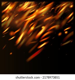 Blazing Flame Fiery Sparkles Background. Realistic Energy Gleam. Realistic Fire Effect on Black. Isolated Fire, Orange Red Yellow Sparks, Smoke. Bright Night, Glitter Gold. Hot Burning Glow Flashes.