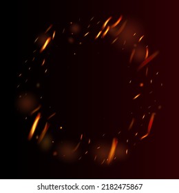 Blazing Flame Fiery Sparkles Background. Isolated Fire, Red Orange Yellow Sparks, Smoke. Realistic Energy Gleam. Realistic Fire Image on Black. Bright Night, Gold Glitter. Hot Burning Gold Flashes.