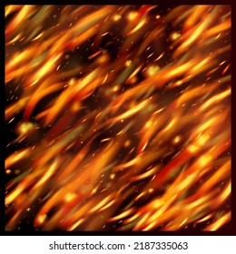 Blazing Flame Fiery Sparkles Background. Isolated Fire, Yellow Red Orange Sparks, Smoke. Realistic Fire Effect on Black. Hot Burning Flake Flashes. Bright Night, Glitter Stars. Realistic Energy Glow.