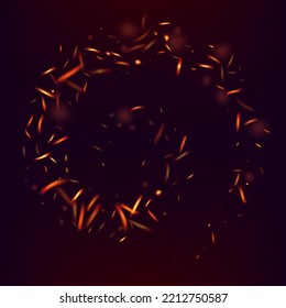 Blazing Flame Fiery Sparkles Background. Hot Burning Glow Flashes. Realistic Energy Glow. Realistic Fire Effect on Black. Bright Night, Stars Glitter. Isolated Fire, Yellow Orange Red Sparks, Smoke.