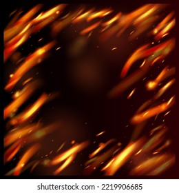 Blazing Flame Fiery Sparkles Background. Bright Night, Stars Gold. Realistic Fire Image on Black. Isolated Fire, Orange Red Yellow Sparks, Smoke. Realistic Energy Glow. Hot Burning Glow Flashes.