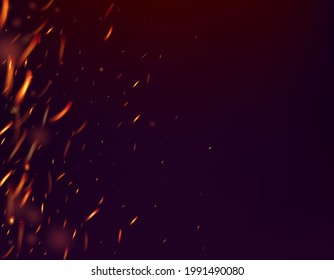 Blazing Flame Fiery Sparks Background. Isolated Fire, Orange Red Yellow Sparkles, Smoke. Hot Burning Glow Flashes. Bright Night, Glitter Gold. Realistic Energy Gleam. Realistic Fire Image on Black.