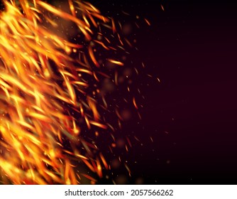 Blazing Flame Fiery Sparks Background. Hot Burning Flake Flashes. Realistic Energy Glow. Bright Night, Glitter Stars. Realistic Fire Effect on Black. Isolated Fire, Red Yellow Orange Sparkles, Smoke.