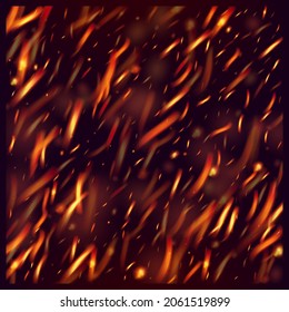 Blazing Flame Fiery Sparks Background. Realistic Energy Glow. Hot Burning Flake Flashes. Bright Night, Stars Glitter. Isolated Fire, Red Yellow Orange Sparkles, Smoke. Realistic Fire Image on Black.