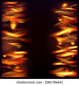 Blazing Flame Fiery Sparks Background. Bright Night, Gold Stars. Hot Burning Flake Flashes. Realistic Fire Effect on Black. Isolated Fire, Red Yellow Orange Sparkles, Smoke. Realistic Energy Glow.