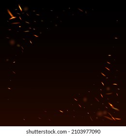 Blazing Flame Fiery Sparks Background. Isolated Fire, Yellow Red Orange Sparkles, Smoke. Realistic Fire Image on Black. Realistic Energy Glow. Hot Burning Gold Flashes. Bright Night, Glitter Gold.