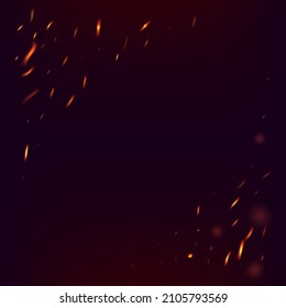 Blazing Flame Fiery Sparks Background. Realistic Energy Glow. Bright Night, Gold Stars. Realistic Fire Effect on Black. Hot Burning Flake Flashes. Isolated Fire, Yellow Red Orange Sparkles, Smoke.