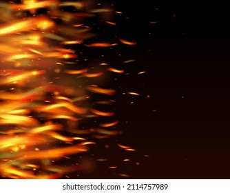 Blazing Flame Fiery Sparks Background. Bright Night, Stars Gold. Realistic Energy Glow. Realistic Fire Effect on Black. Hot Burning Flake Flashes. Isolated Fire, Red Orange Yellow Sparkles, Smoke.