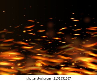 Blazing Flame Fiery Sparks Background. Realistic Fire Image on Black. Realistic Energy Gleam. Bright Night, Gold Stars. Isolated Fire, Yellow Red Orange Sparkles, Smoke. Hot Burning Gold Flashes.