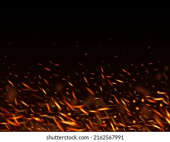 Blazing Flame Fiery Sparks Background. Realistic Fire Effect on Black. Realistic Energy Glow. Isolated Fire, Orange Yellow Red Sparkles, Smoke. Bright Night, Glitter Stars. Hot Burning Gold Flashes.
