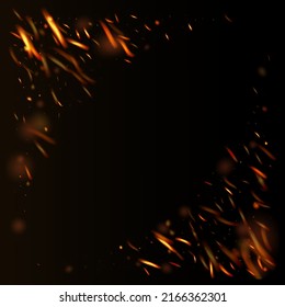 Blazing Flame Fiery Sparks Background. Realistic Energy Glow. Isolated Fire, Red Orange Yellow Sparkles, Smoke. Realistic Fire Effect on Black. Bright Night, Gold Glitter. Hot Burning Gold Flashes.