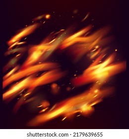 Blazing Flame Fiery Sparks Background. Hot Burning Glow Flashes. Bright Night, Glitter Stars. Realistic Fire Effect on Black. Isolated Fire, Yellow Orange Red Sparkles, Smoke. Realistic Energy Glow.