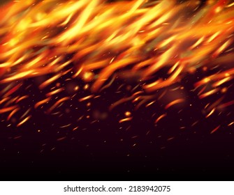 Blazing Flame Fiery Sparks Background. Bright Night, Stars Gold. Hot Burning Gold Flashes. Realistic Energy Glow. Realistic Fire Image on Black. Isolated Fire, Red Yellow Orange Sparkles, Smoke.
