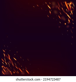 Blazing Flame Fiery Sparks Background. Realistic Fire Image on Black. Isolated Fire, Orange Red Yellow Sparkles, Smoke. Realistic Energy Glow. Bright Night, Glitter Stars. Hot Burning Glow Flashes.