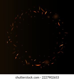 Blazing Flame Fiery Sparks Background. Bright Night, Stars Glitter. Realistic Energy Glow. Realistic Fire Image on Black. Hot Burning Flake Flashes. Isolated Fire, Yellow Orange Red Sparkles, Smoke.