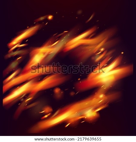 Blazing Flame Fiery Sparks Background. Hot Burning Glow Flashes. Bright Night, Glitter Stars. Realistic Fire Effect on Black. Isolated Fire, Yellow Orange Red Sparkles, Smoke. Realistic Energy Glow.