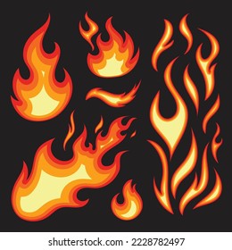 blazing flames collection burning flat style design isolated dark background