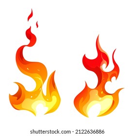 Blazing flames and fire, ignition and explosion icons isolated. Flare or wildfire, warning and dangerous casualty. Heat and high temperatures, risk and sparkling effects. Vector in flat style
