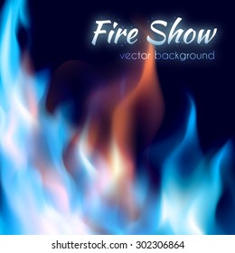 Blazing fuel with blue and red colored fire flames isolated on black vector background. Fiery frame for extreme show banner design or screen wallpaper