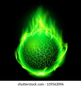 Blazing green lava ball on black background. 