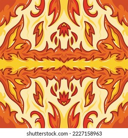 Blazing hot fire element themed symmetrical vector square background. Symmetric wallpaper for greeting card, fabric print, poster, and other purposes backdrop with cartoon flat art style isolated.