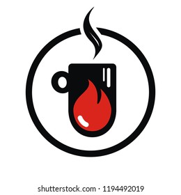 Blazing mug. Hot drink symbol. Energy drink. Coffee or tea cup. Autumn and winter hot drink icon. Fire in the cup. Vector illustration.