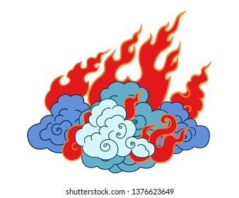 Blazing skies. Clouds and forks of flame. Vector illustration on white background.