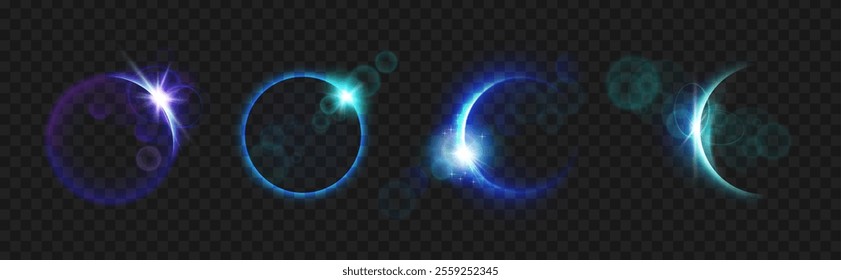 Blazing star edge behind planet in dark sky, isolated set of solar or moon eclipse. Vector space design sphere of planet at night, galaxy in darkness, celestial body with shining and light