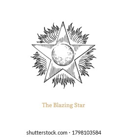 The Blazing Star, vector illustration in engraving style. Vintage pastiche of masonic, esoteric and occult sign. Drawn sketch of magical and mystical symbol.