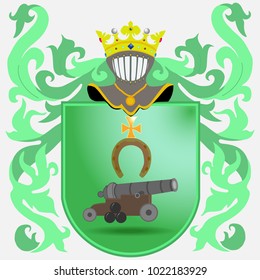 Blazon. Knight Armour. Crown. Coat of arms of knight rituals and cannon Flat design, vector illustration, vector.