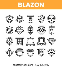 Blazon Shield Shapes Collection Icons Set Vector Thin Line. Medieval And Antique Blazon With Ribbon, Stars And Crown, Blank Kingdom Symbolic Concept Linear Pictograms. Monochrome Contour Illustrations