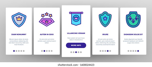 Blazon Shield Shapes Onboarding Mobile App Page Screen Vector. Medieval And Antique Blazon With Ribbon, Stars And Crown, Blank Kingdom Symbolic Illustrations