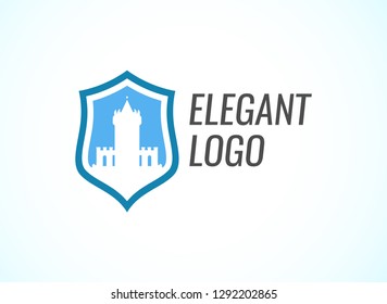 Blazon with Stronghold Castle on coat of arms flat style in blue color with caption. Vector logo for Real Estate business or Law and rights protection.