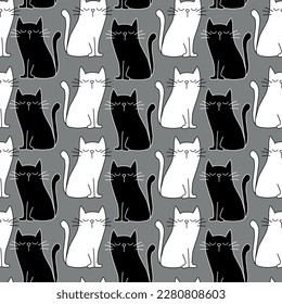 Blck and white line cats seamless pattern isolated on grey background. Good for textile print,  wrapping and wall paper, cover, and other decoration.