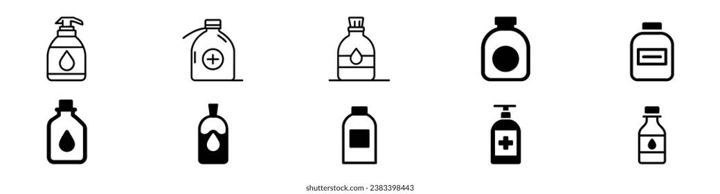 Bleach bottle icons set. Outline set of bleach bottle vector icons, Glass Poison Bottle Icon, Poison icons, bottles icon in trendy flat design, bleach icon, medicine bottle icon