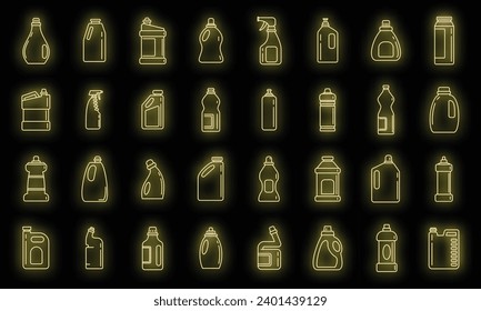 Bleach bottle icons set. Outline set of bleach bottle vector icons neon color on black