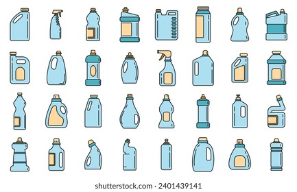 Bleach bottle icons set. Outline set of bleach bottle vector icons thin line color flat on white