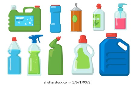 Bleach bottles set. Plastic containers of detergents, liquid soap, chemical disinfectant. Vector illustrations for laundry, household, cleaning, packaging concept