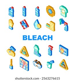 bleach clean germicide disinfect icons set vector. hygiene cleanse, bacteria virus, pathogen deodorize, sanitize, sterilize purify bleach clean germicide disinfect isometric sign illustrations