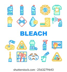 bleach clean germicide disinfect icons set vector. hygiene cleanse, bacteria virus, pathogen deodorize, sanitize, sterilize purify bleach clean germicide disinfect color line illustrations