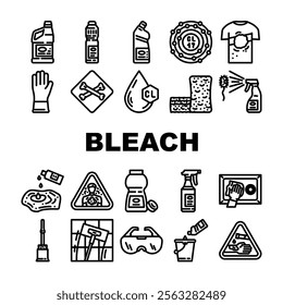 bleach clean germicide disinfect icons set vector. hygiene cleanse, bacteria virus, pathogen deodorize, sanitize, sterilize purify bleach clean germicide disinfect black contour illustrations