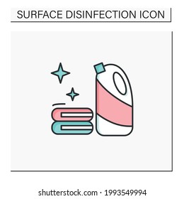 Bleach color icon. Household chemical bottle with laundry pile line pictogram. Clothes washing, disinfection, house cleaning, hygiene, stain removing and bleaching.Isolated vector illustration