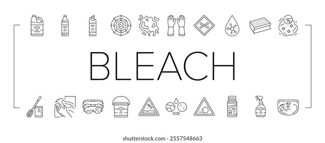 bleach disinfect clean germicide icons set vector. sterilize purify, hygiene cleanse, bacteria virus, pathogen deodorize, sanitize bleach disinfect clean germicide black contour illustrations