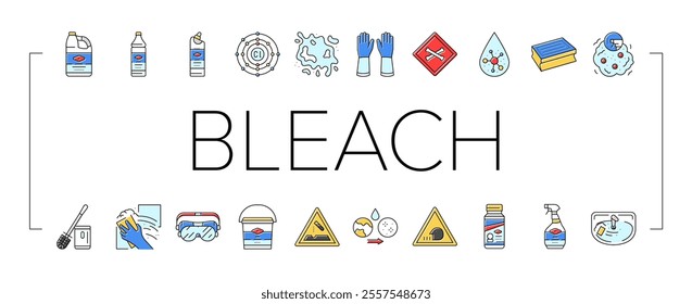 bleach disinfect clean germicide icons set vector. sterilize purify, hygiene cleanse, bacteria virus, pathogen deodorize, sanitize bleach disinfect clean germicide color line illustrations