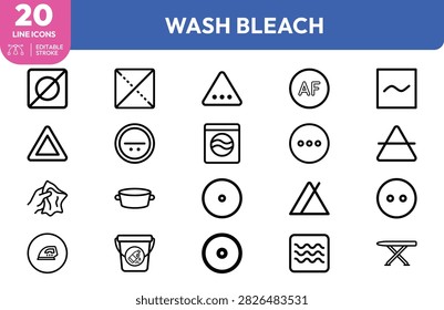 Bleach, fabric, washing machine, detergent, prohibition, triangle, pot, iron, bucket, and and care symbols for laundry and textile applications.