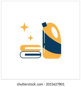 Bleach flat icon. Household chemical bottle with laundry pile line pictogram. Clothes washing, disinfection, house cleaning, hygiene, stain removing and bleaching.Vector illustration