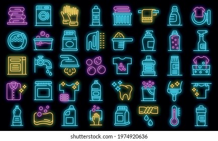 Bleach icons set. Outline set of bleach vector icons neon color on black