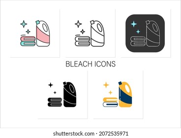 Bleach icons set.Household chemical bottle,laundry pile.Disinfection,house cleaning, stain removing and bleaching.Collection of icons in linear, filled, color styles.Isolated vector illustrations