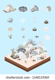 Bleached and dead tropical reefs and their plants-like animals for game-style isometric bleached tropical reef scene.